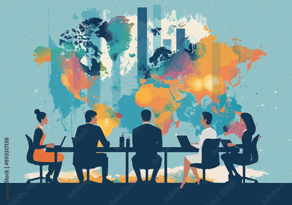 Global Business Team Discussing Trade and Investment Strategies Around a World Map in Minimalistic Vector Illustration Global Business Team Discussing Trade and Investment Strategies Around a World Map in Minimalistic Vector Illustration