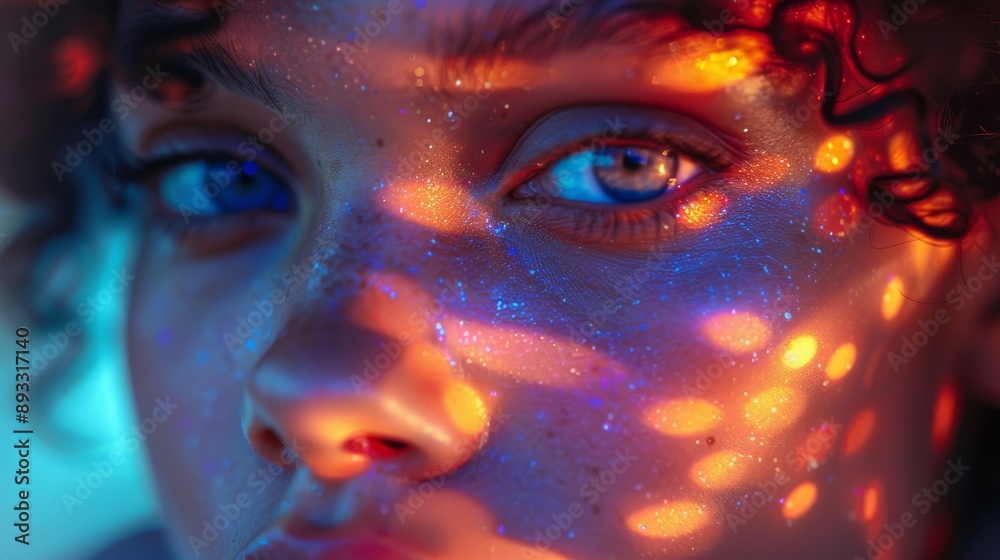 A Close up of a Woman's Face With Colorful Specks on Her Face - Generative AI A Close up of a Woman's Face With Colorful Specks on Her Face - Generative AI