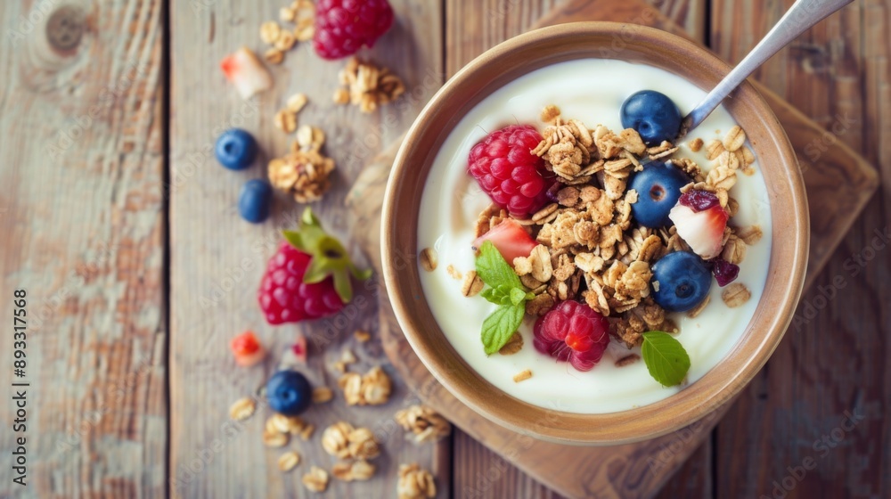 Fresh and Nutritious Breakfast Bowl with Yogurt, Cereal, and Fruit Served on Rustic Wooden Tabletop, Top-Down View, Cozy Home Lighting, High-Definition Image Fresh and Nutritious Breakfast Bowl with Yogurt, Cereal, and Fruit Served on Rustic Wooden Tabletop, Top-Down View, Cozy Home Lighting, High-Definition Image