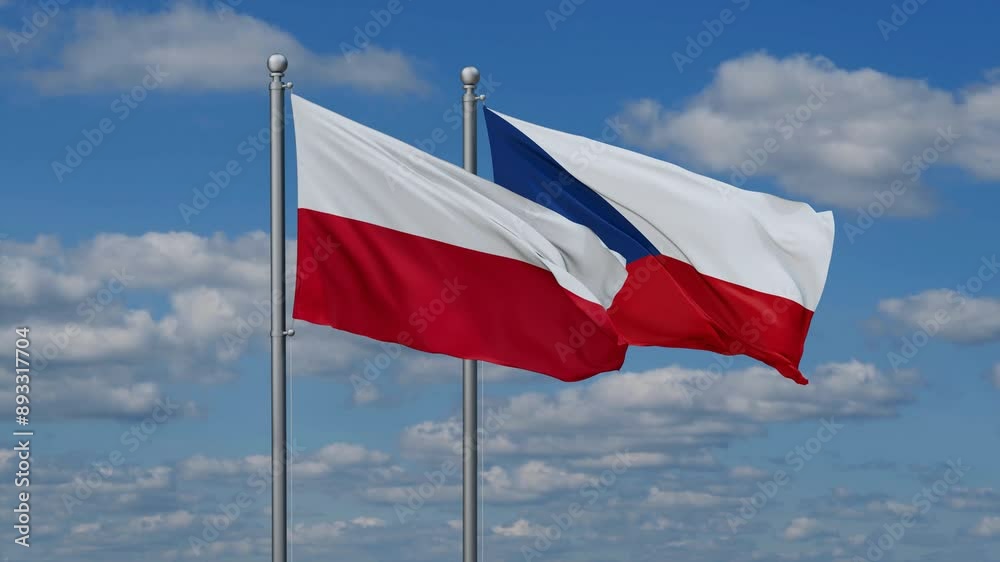 Czech Republic and Poland flags flying together, video concept of the relationship, two country relations concept Czech Republic and Poland flags flying together, video concept of the relationship, two country relations concept