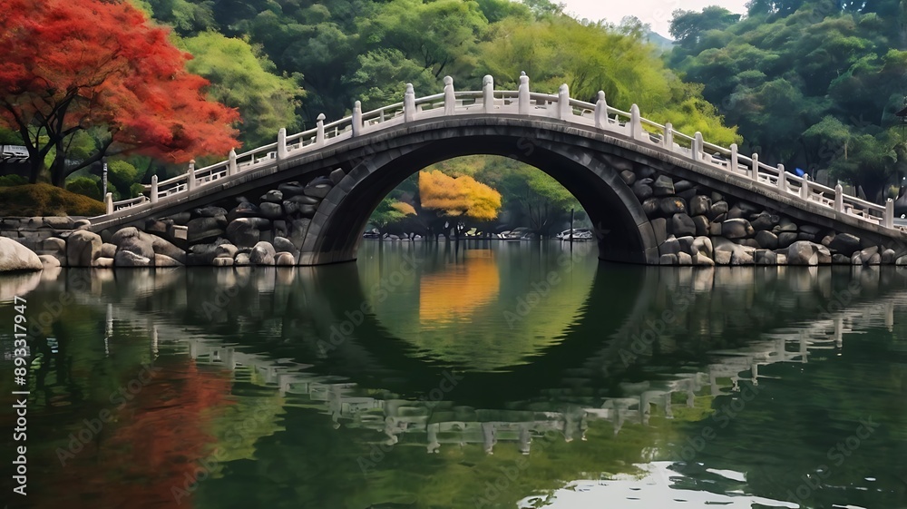 Fototapeta premium shows a stone arch bridge over a pond with a stone path l