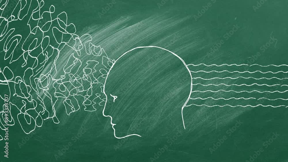 A chalkboard depicts a head with chaotic lines flowing from one side and parallel lines emanating from the other, representing the process of thinking and finding clarity.