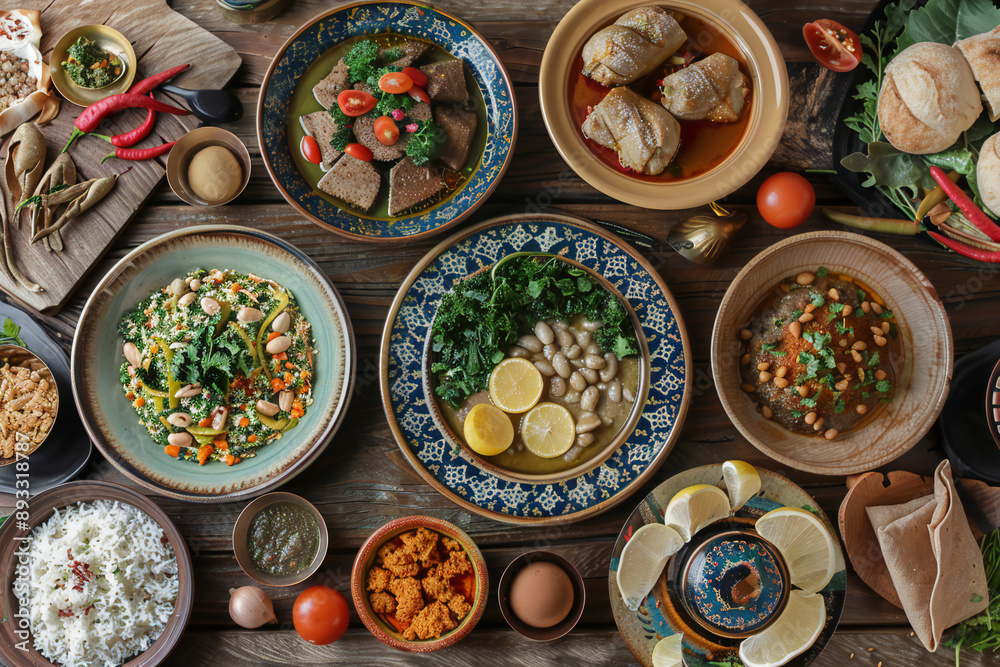 Gourmet Feast with Assorted Dishes, Diverse and Vibrant Culinary Spread