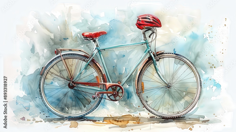 Fototapeta premium Vibrant Watercolor Illustration of a Bicycle with Red Helmet on Abstract Background
