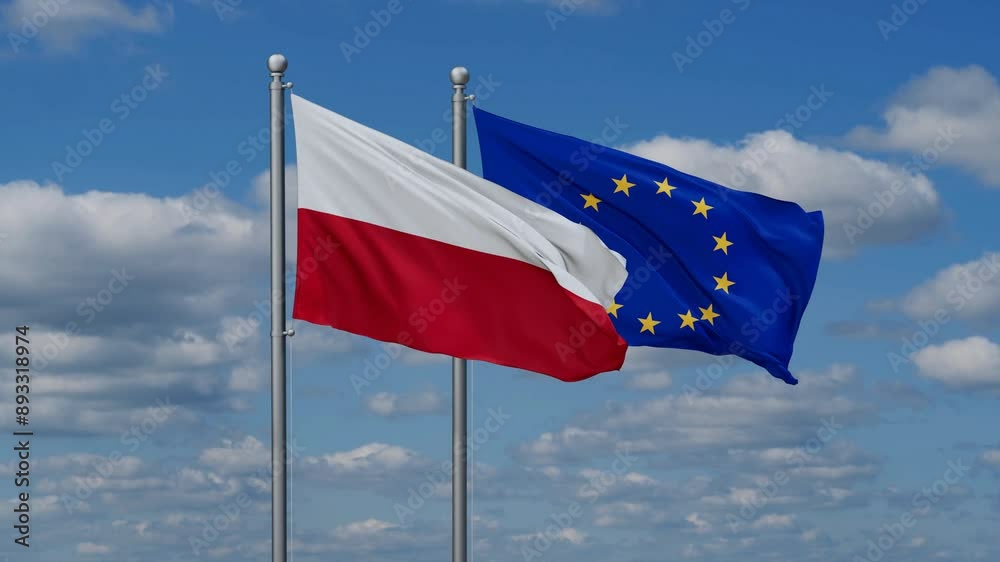 European Union and Poland flags flying together, video concept of the relationship