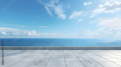 3D Rendering Empty Concrete Terrace with Sea View, Emphasizing Serenity and Coastal Living Ambiance