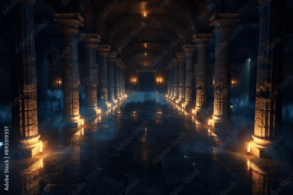 Columned chambers adorned with exploration gear and strategic lighting offer a dramatic and immersive environment for adventure. Columned chambers adorned with exploration gear and strategic lighting offer a dramatic and immersive environment for adventure.