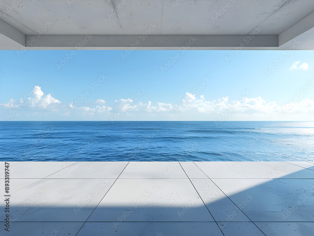 Obraz premium 3D Rendering Empty Concrete Terrace with Sea View, Emphasizing Serenity and Coastal Living Ambiance