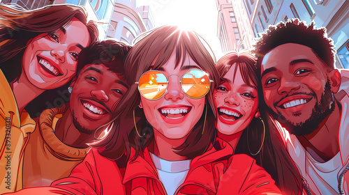 Happy Friends Taking a Group Selfie on a Sunny Day