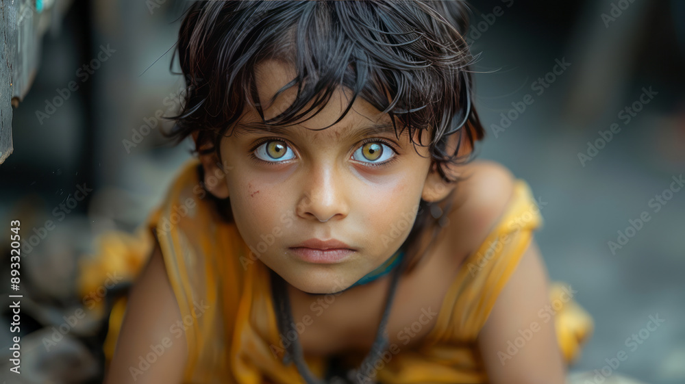cinematic retro shot of a little Indian boy with green eyes sitting on the sidewalk edge and looking into the camera.generative ai cinematic retro shot of a little Indian boy with green eyes sitting on the sidewalk edge and looking into the camera.generative ai