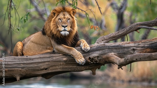Majestic lion resting elegantly on a tree branch