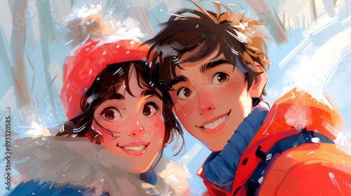 Couple Smiling in Winter Wonderland with Red and Blue Coats