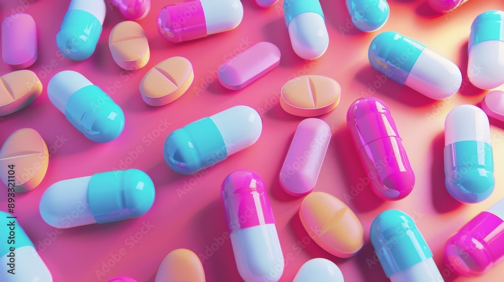 Heap or pile of medicine tablet antibiotic pills. Pharmacy pink abstract texture background