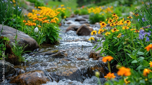 Enchanting stream with colorful flowers and green grass along its banks, evoking a sense of tranquility and natural beauty, perfect for articles
