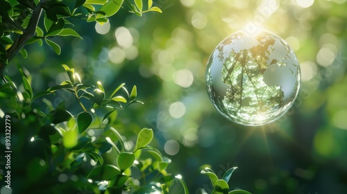 Glass planet globe In green forest with bokeh natural lights,world environment day photo