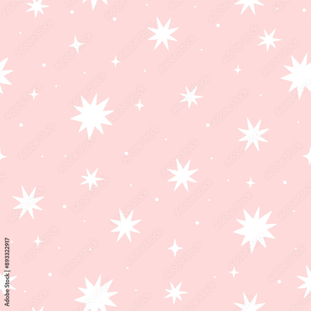 Simple seamless pattern with white stars on a pink background. Vector graphics. Simple seamless pattern with white stars on a pink background. Vector graphics.