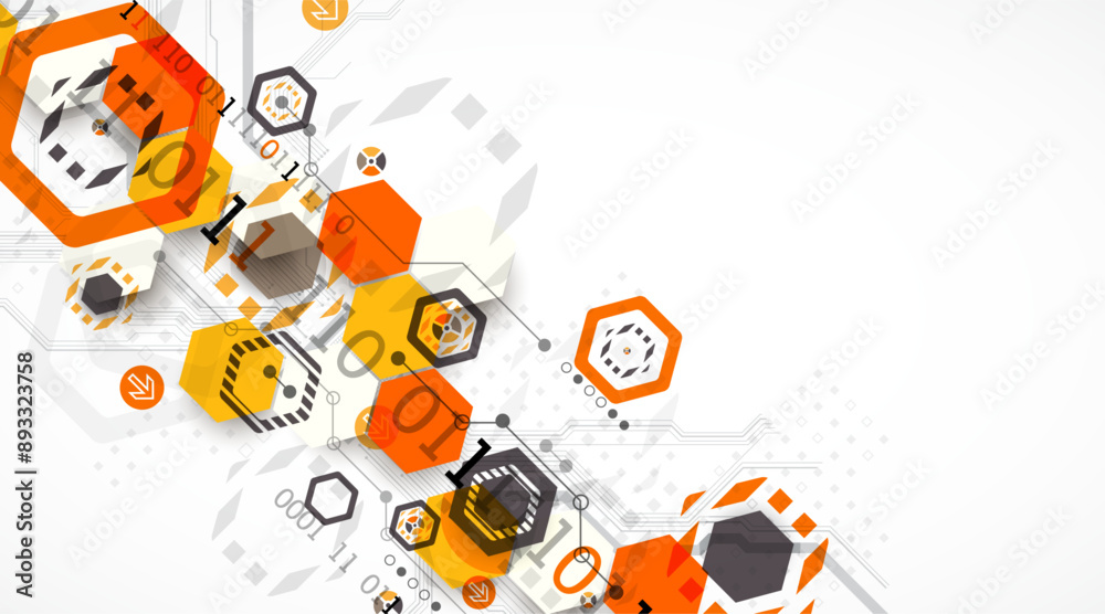 Obraz premium Abstract circuit board background with hexagons. Hi-tech digital technology concept. Hand drawn vector.