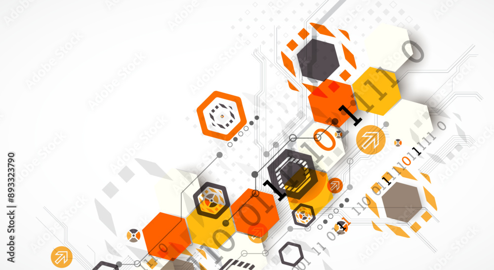 Obraz premium Abstract circuit board background with hexagons. Hi-tech digital technology concept. Hand drawn vector.