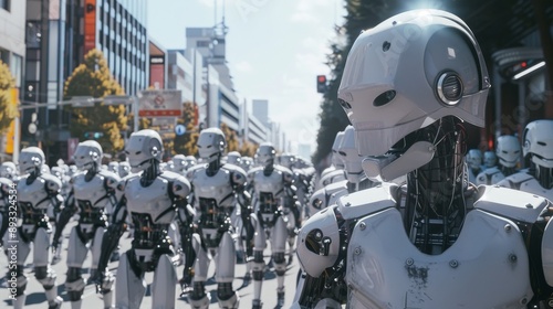 A Group of Robots Are Lined up on a Street in a City in the Middle of the Day - Generative AI photo