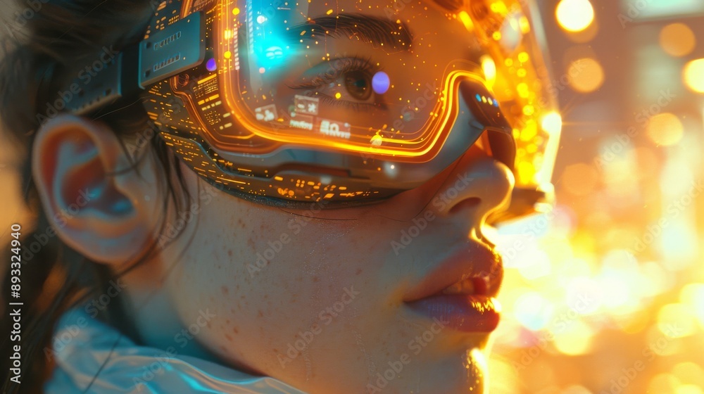 A Close up of a Woman Wearing Goggles and a White Shirt With a City in the Background - Generative AI A Close up of a Woman Wearing Goggles and a White Shirt With a City in the Background - Generative AI