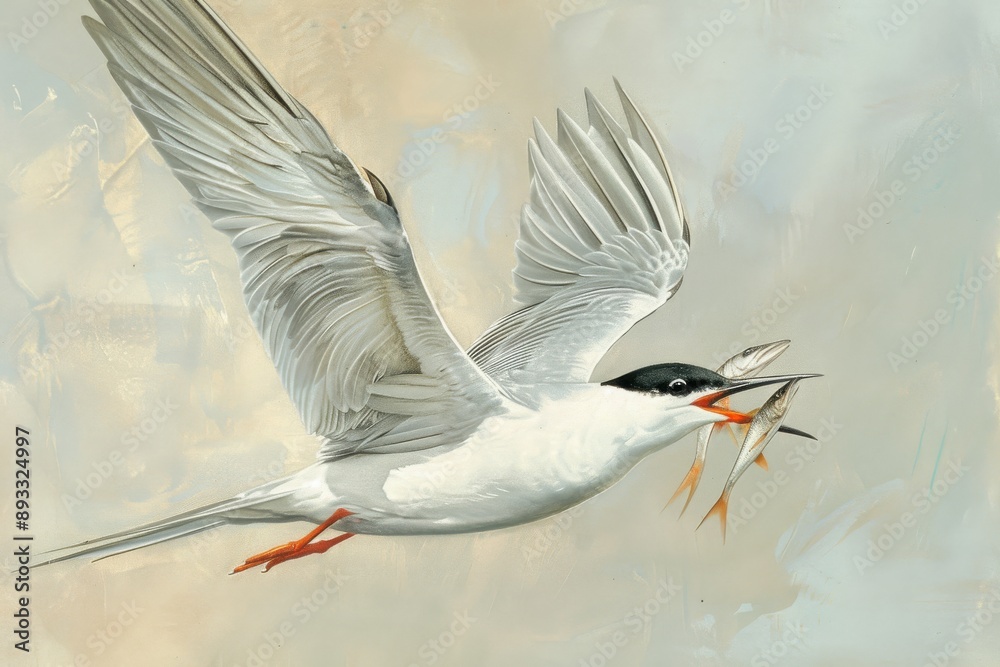 Obraz premium Forester's Tern, adult in flight with fish
