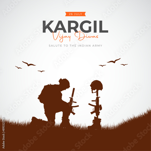26th July - Kargil Vijay Diwas Post and Greeting Card. Kargil Victory Day Celebration with Text and Solder Kneeling  Vector Illustration