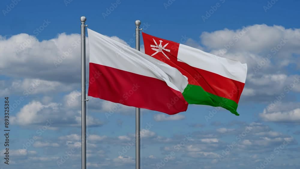 Oman and Poland flags flying together, video concept of the relationship, two country cooperation concept Oman and Poland flags flying together, video concept of the relationship, two country cooperation concept