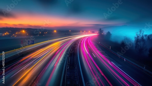 Night Highway With Colorful Light Trails