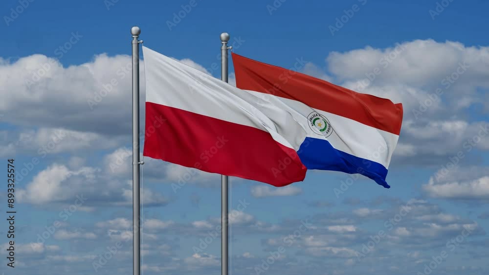 Paraguay and Poland flags flying together, video concept of the relationship, two country relations concept Paraguay and Poland flags flying together, video concept of the relationship, two country relations concept