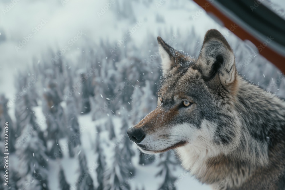 Fototapeta premium Gray Wolf in winter snow from airplane