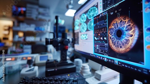 Realistic photograph of ophthalmologist using OCT scanner to examine patient's retina, close-up of device and retinal images on computer screen.