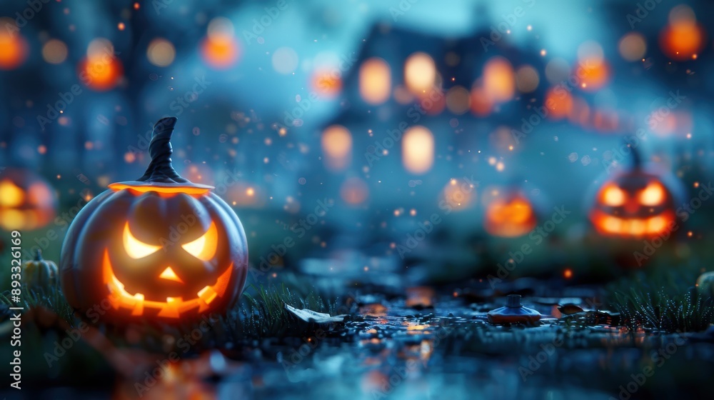 Fototapeta premium A spooky Halloween night scene featuring several glowing Jack-o'-Lanterns, each one with a uniquely carved face.