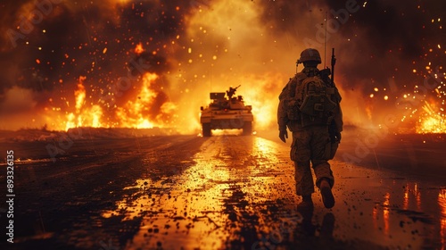 A Soldier Is Walking Down a Road in Front of a Burning Building and a Burning Tank - Generative AI