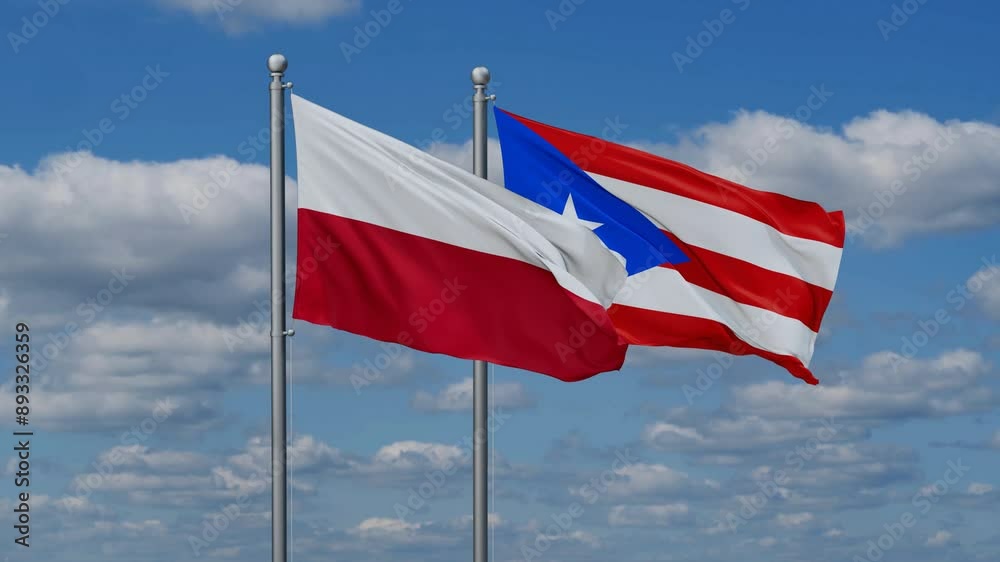 Puerto Rico and Poland flags flying together, video concept of the relationship, two country cooperation concept Puerto Rico and Poland flags flying together, video concept of the relationship, two country cooperation concept