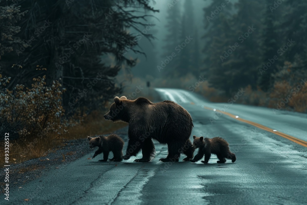 Grizzly Bear Family crossing the road. Grizzly Bear Family crossing the road.