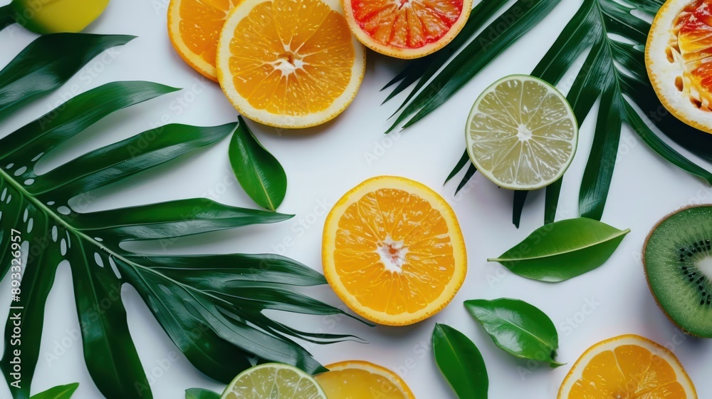 Vibrant citrus slices with tropical leaves background Vibrant citrus slices with tropical leaves background