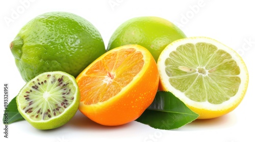 Colorful citrus fruits with kiwi on white background.