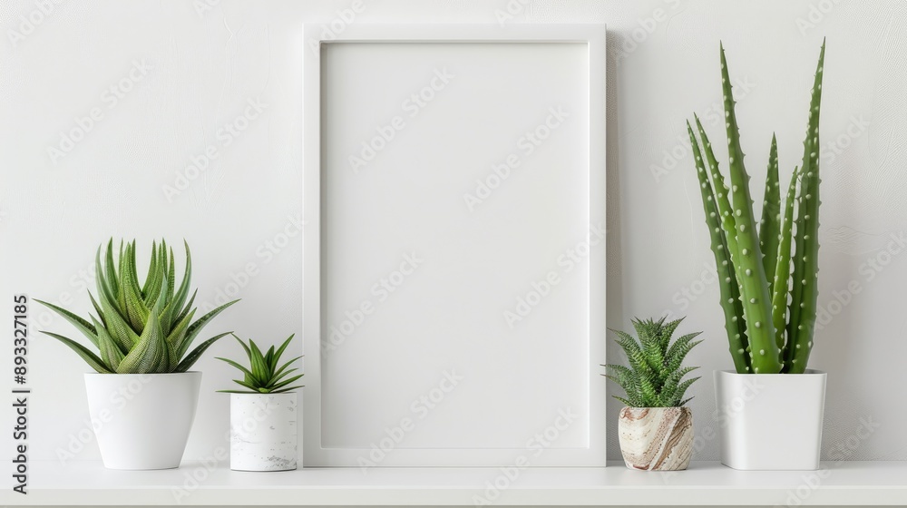White frame mockup with aloe vera on shelf or desk. White frame mockup with aloe vera on shelf or desk.