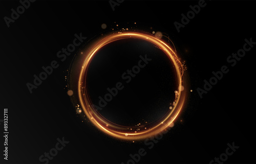Vector light line effect of golden circle. Luminous fire trail on a transparent background. Light round line with an advantage effect. Golden dust circle light png.	
