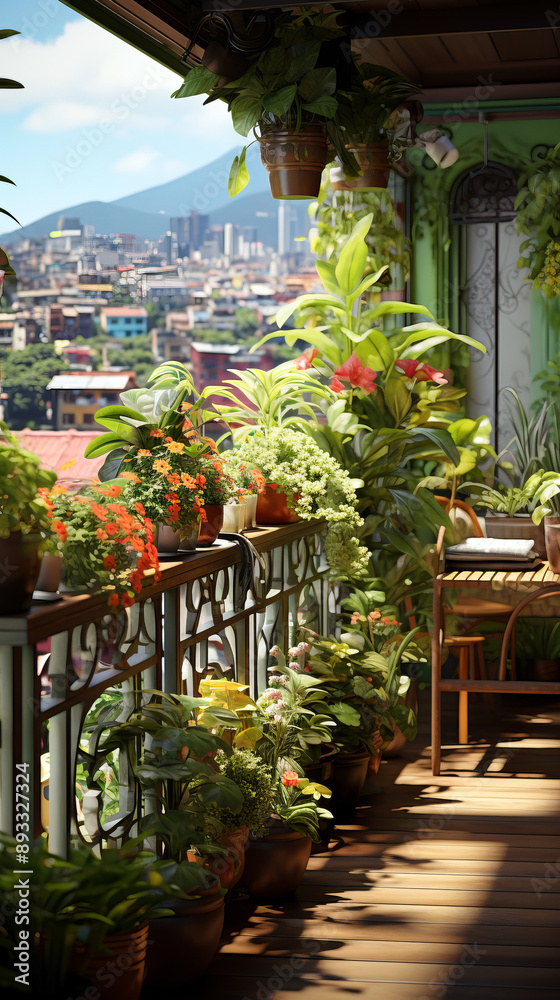 A flourishing city balcony garden filled with potted plants, herbs, and flowers.