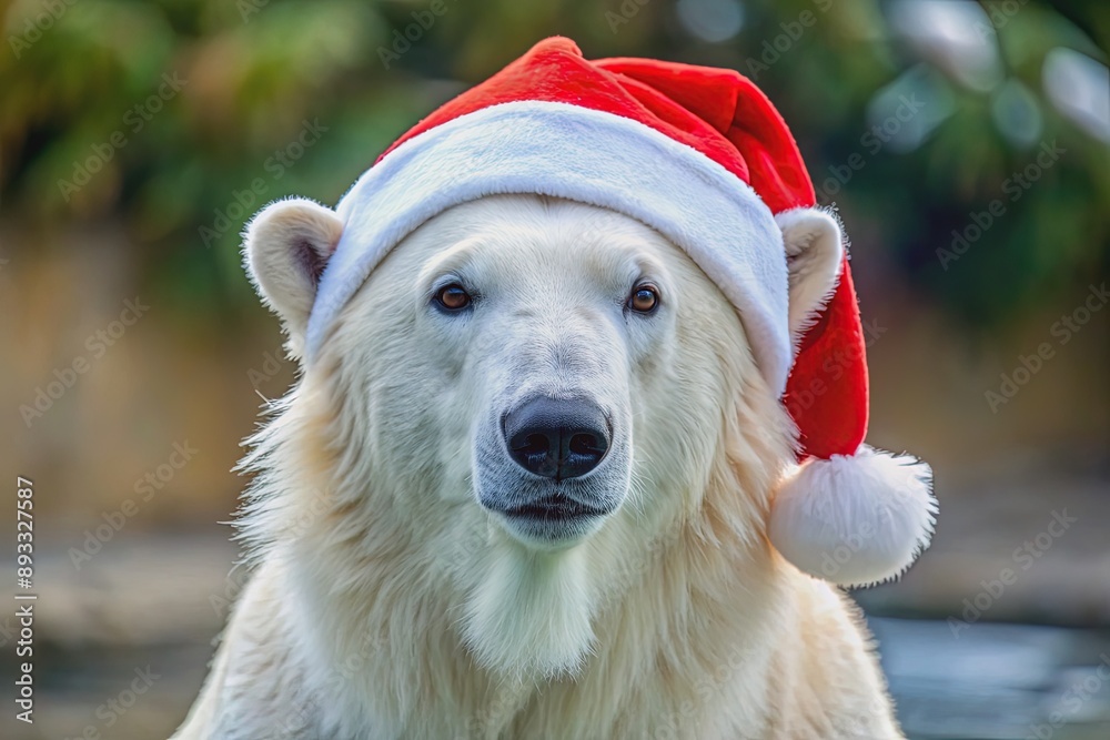 A white polar bear in a red Santa Claus hat. New year or christmas concept with wild zoo animal white bear. Generative AI A white polar bear in a red Santa Claus hat. New year or christmas concept with wild zoo animal white bear. Generative AI