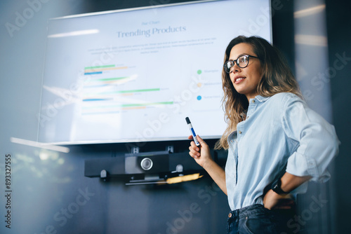 Female team leader speaking on a trending products report in a business conference meeting