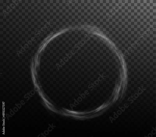 White smoke ring puff isolated on transparent black background. PNG. Steam explosion special effect. Effective texture of steam, fog, smoke png. Vector.	
