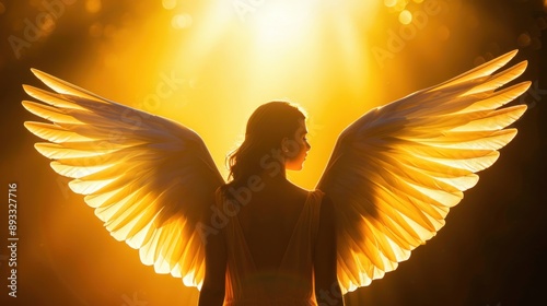 Person with angelic wings illuminated by golden sunlight. photo