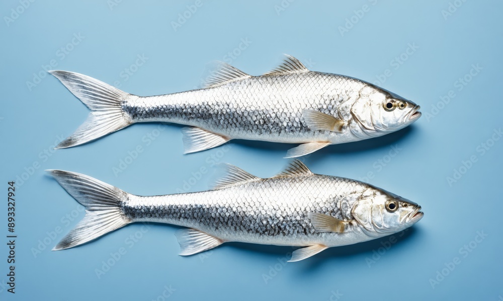 Naklejka premium Two silver fish laying horizontally on a blue background