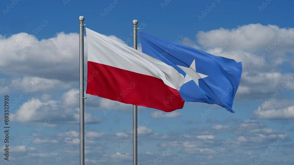 Somalia and Poland flags flying together, video concept of the relationship, two country cooperation concept
