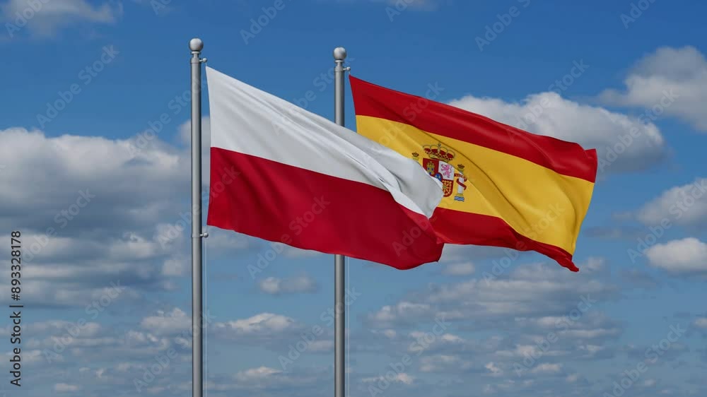 Spain and Poland flags flying together, video concept of the relationship, two country cooperation concept