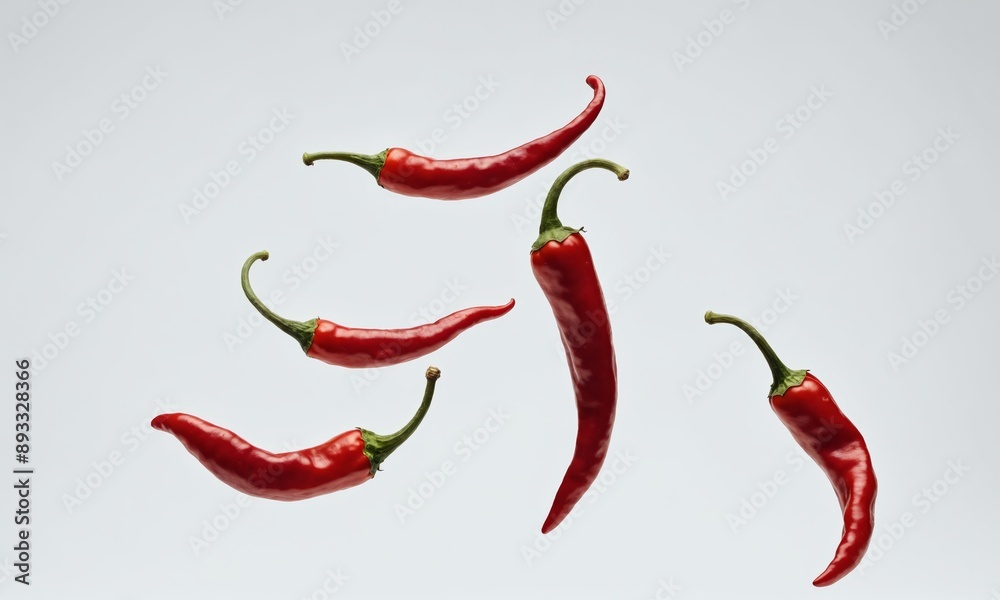 Red chili peppers falling against a white background Red chili peppers falling against a white background