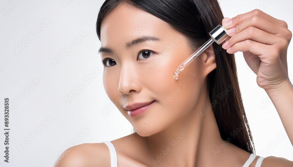 Asian Woman holding a Pipette with Skincare Serum - Applying Serum to her Face - Hyaluronic Acid, Anti Aging, Moisturiser, Repair, Hydrating, Vitamin, Ascorbic, Retinol, Exfoliant, Azelaic Asian Woman holding a Pipette with Skincare Serum - Applying Serum to her Face - Hyaluronic Acid, Anti Aging, Moisturiser, Repair, Hydrating, Vitamin, Ascorbic, Retinol, Exfoliant, Azelaic