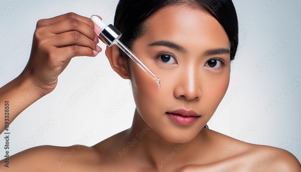 Asian Woman holding a Pipette with Skincare Serum - Applying Serum to her Face - Hyaluronic Acid, Anti Aging, Moisturiser, Repair, Hydrating, Vitamin, Ascorbic, Retinol, Exfoliant, Azelaic Asian Woman holding a Pipette with Skincare Serum - Applying Serum to her Face - Hyaluronic Acid, Anti Aging, Moisturiser, Repair, Hydrating, Vitamin, Ascorbic, Retinol, Exfoliant, Azelaic
